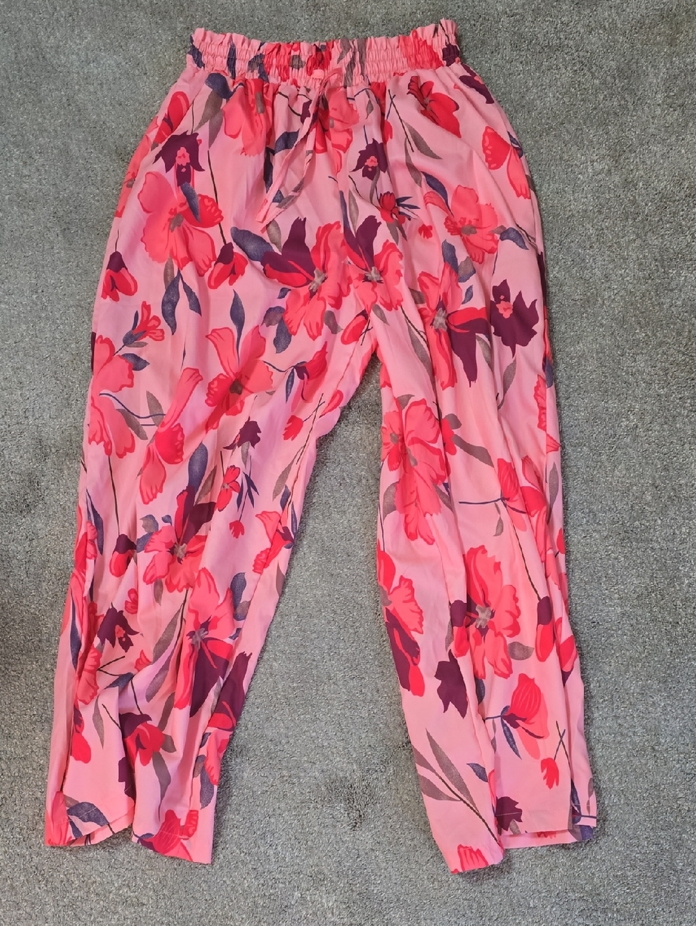 Pink Floral Wide-Leg Drawstring Pants